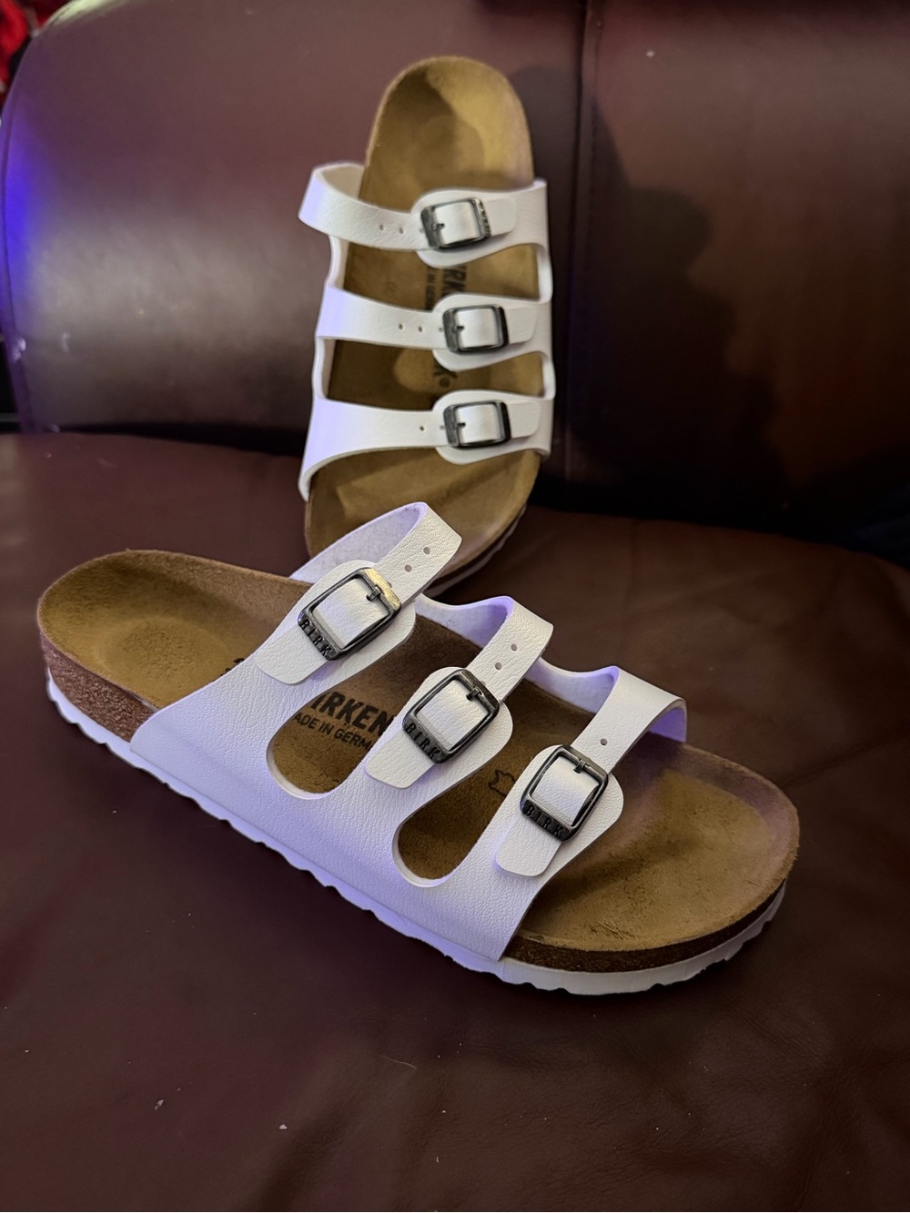 Birkenstock Florida model in White Birko-Flor, Triple Strap Sandals Sz 37 Narrow